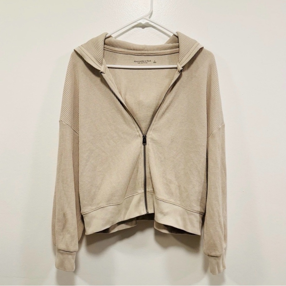 Abercrombie & Fitch Tan earthy waffle knit Zip-Up Hoodie! Size large - Picture 2 of 5